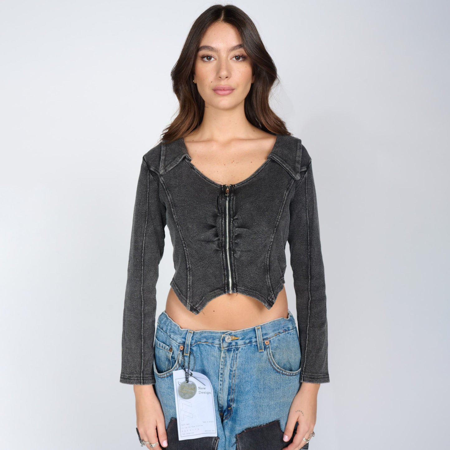 Damen tailliertes Jeansjacke mit Reißverschluss Stalluxe