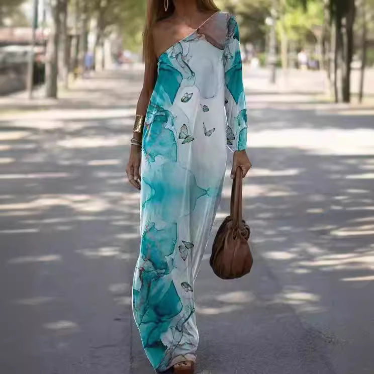 Damen asymmetrisches Maxikleid mit buntem Kunstdruck Stalluxe