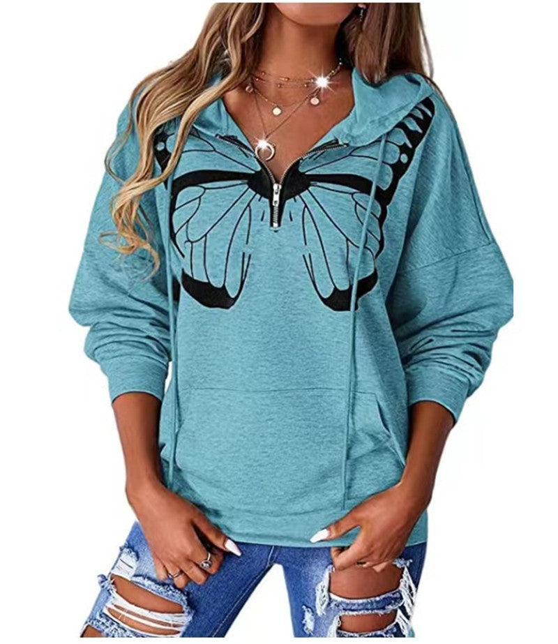 Damen lässiger Kapuzenpullover mit Schmetterlingsdruck und Halber Reißverschluss Stalluxe
