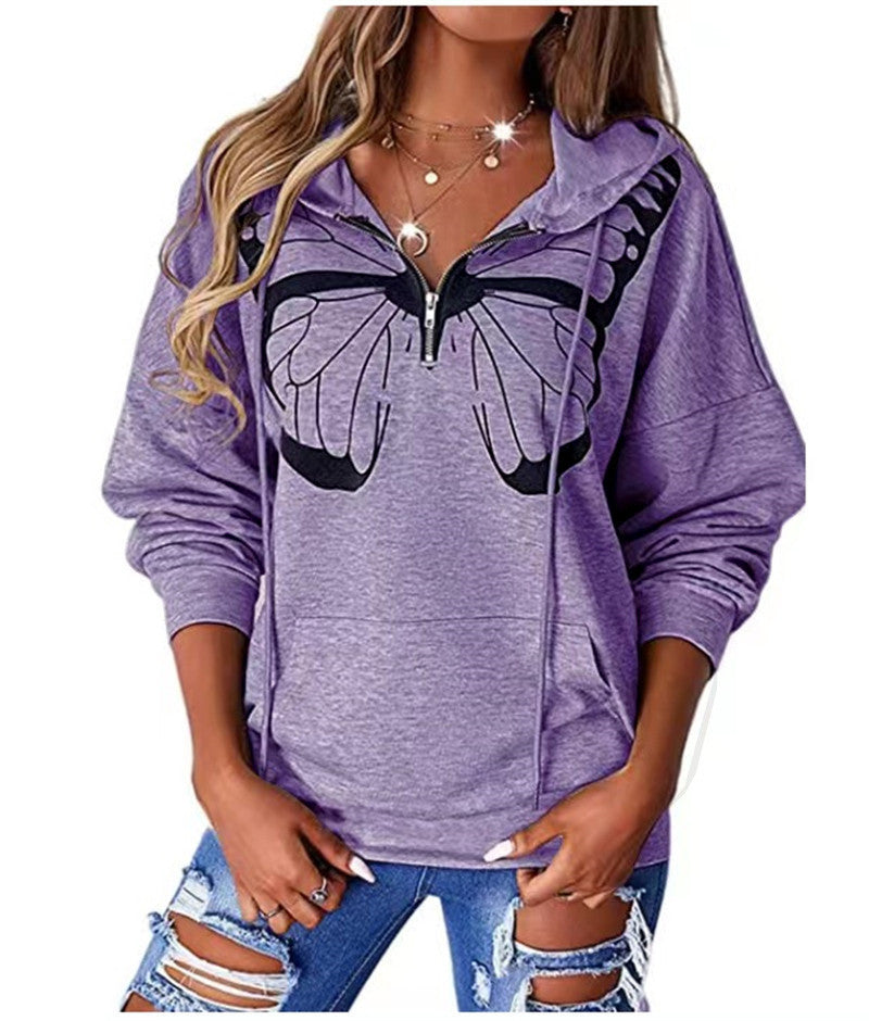 Damen lässiger Kapuzenpullover mit Schmetterlingsdruck und Halber Reißverschluss Stalluxe