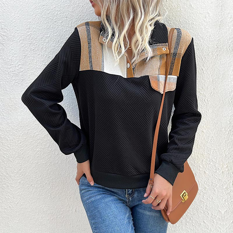 Damen bequemer Sweatshirt mit modernem Karomuster und Knopfleiste Stalluxe