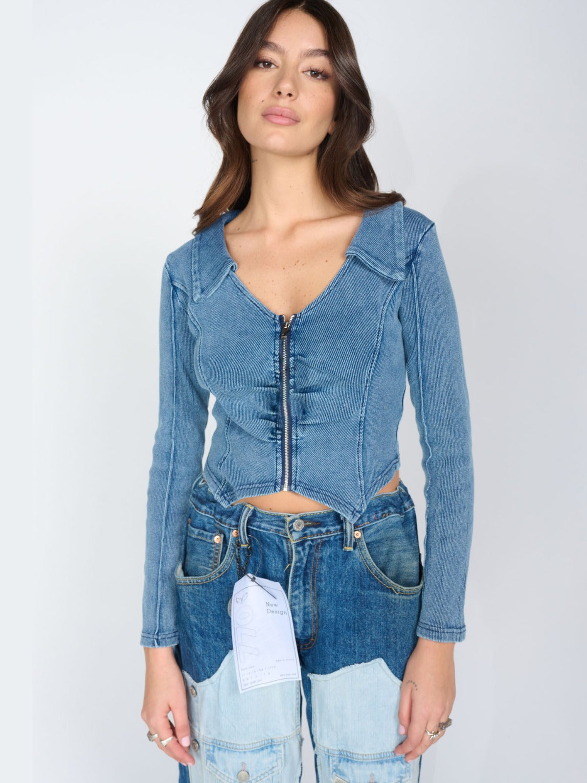 Damen tailliertes Jeansjacke mit Reißverschluss Stalluxe