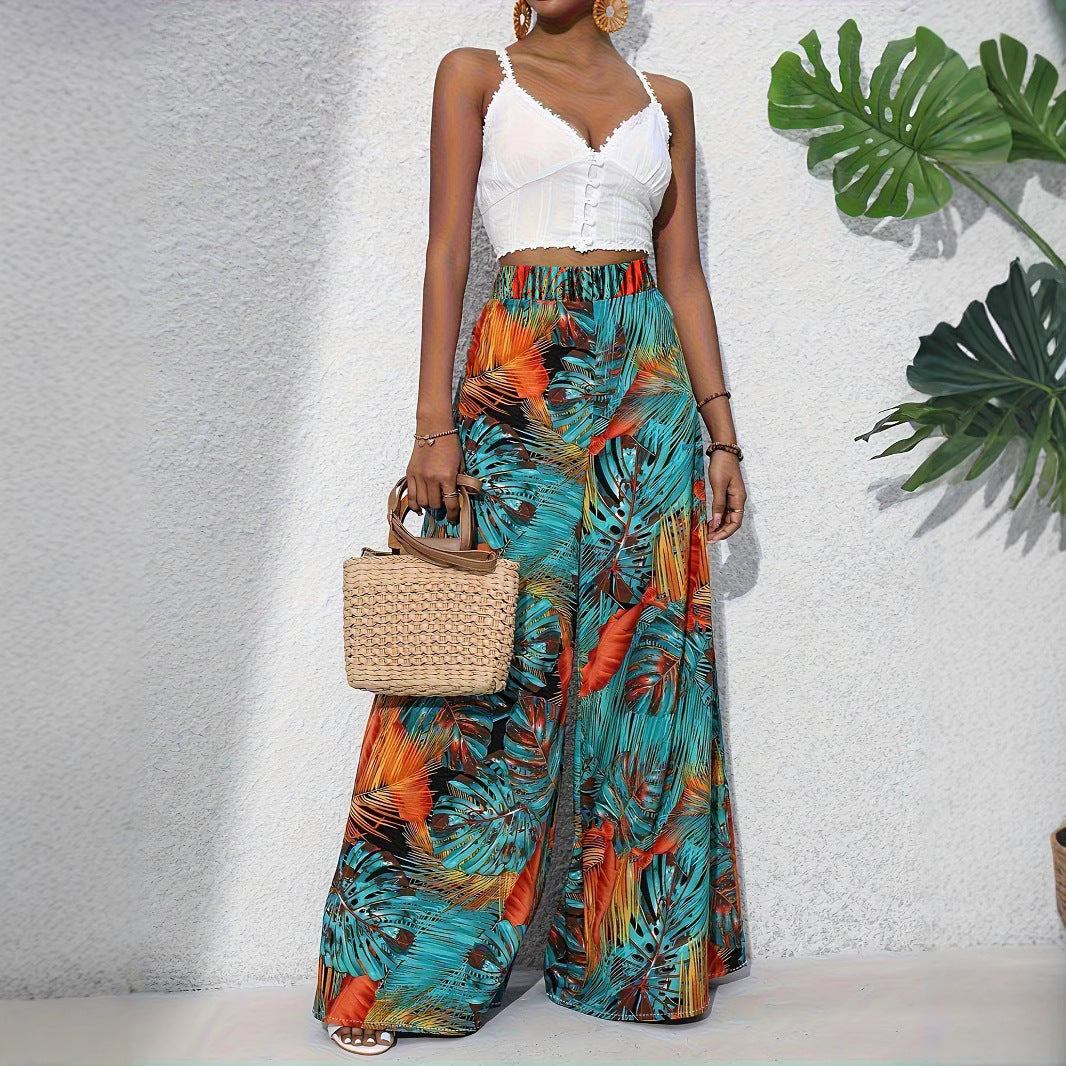 Damen Palazzo-Hose mit lebendigem Palmenmuster und elastischem High-Waist-Bund Stalluxe