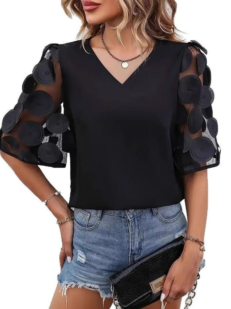 Damen Elegantes Oberteil mit transparenten Puffärmeln und V-Ausschnitt Stalluxe