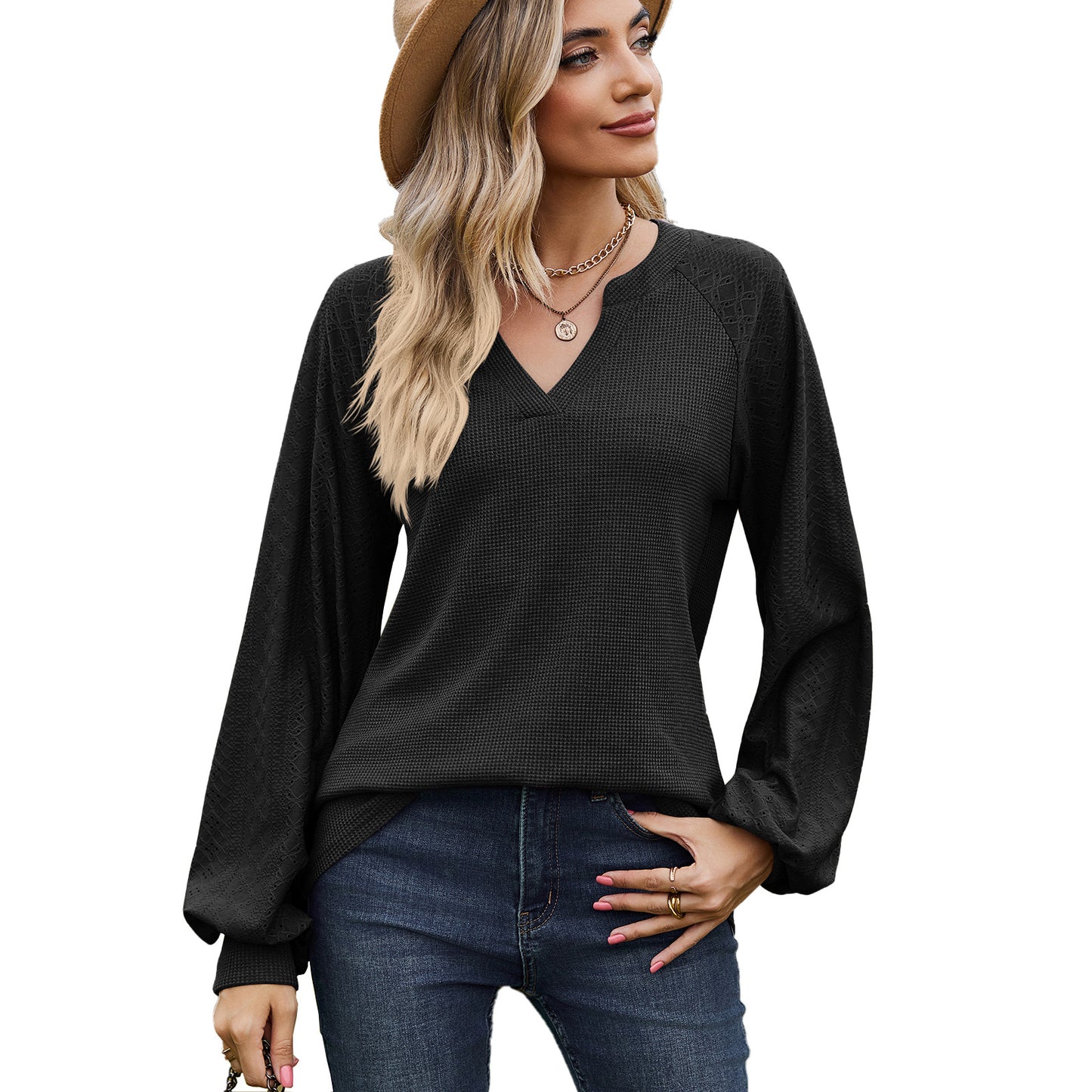 DamenLangarmshirt mit strukturiertem V-Ausschnitt und weiten Ärmel Stalluxe