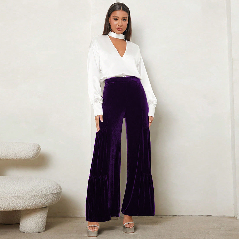 Damen Weit geschnittene Plüsch-Hose mit Falten und hohem Bund Stalluxe