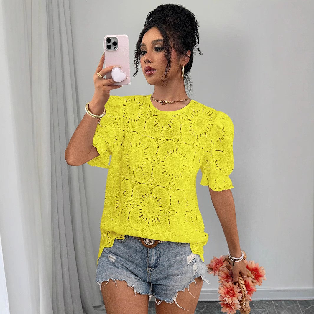 Damen Spitzenbluse mit Blumenspitze und elastischen Puffärmeln Stalluxe