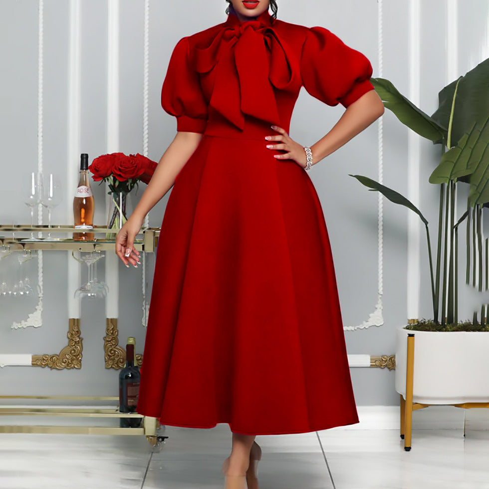 Damen elegante Maxikleid mit voluminösen Puffärmeln und Schleifenkragen Stalluxe