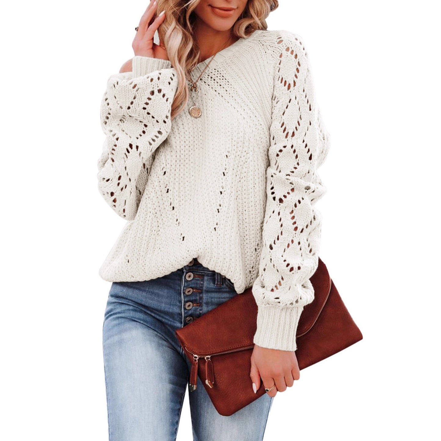 Damen Strickpullover mit Lochmuster und voluminösen Ärmeln Stalluxe