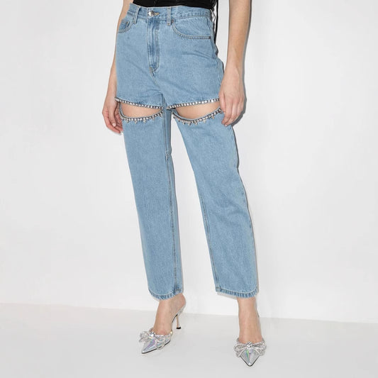 Damen Jeans mit strassbesetzten Ausschnitten und legerem Schnitt Stalluxe