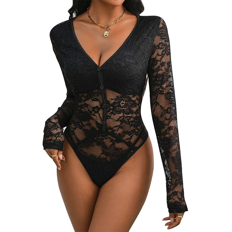 Damen Spitzenbody mit elegantem V-Ausschnitt und Knopfdetails Stalluxe