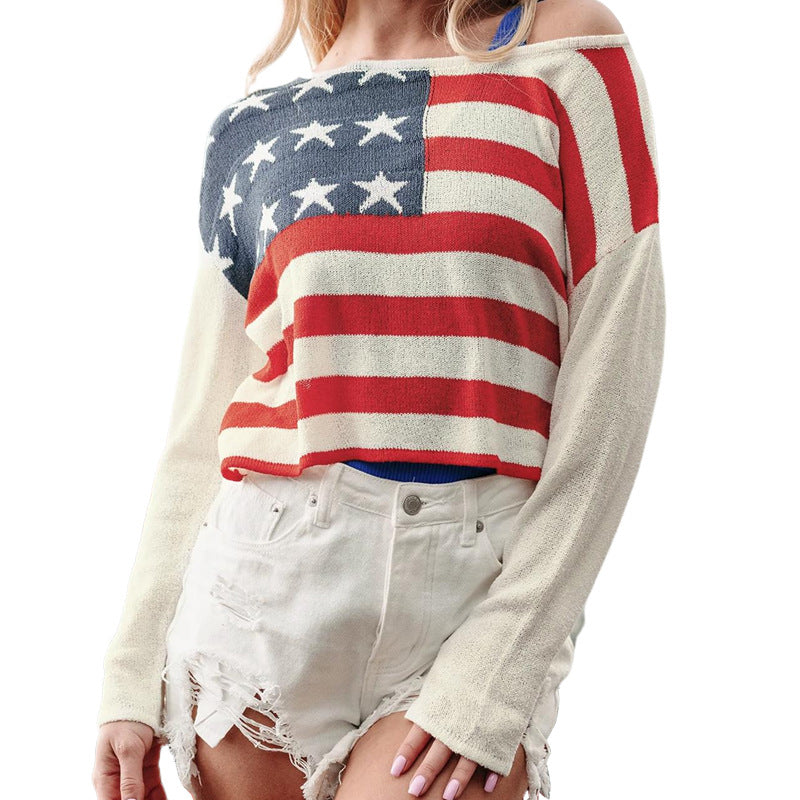 Damen lässiger Pullover mit Flaggenmuster und weiten Ärmeln Stalluxe