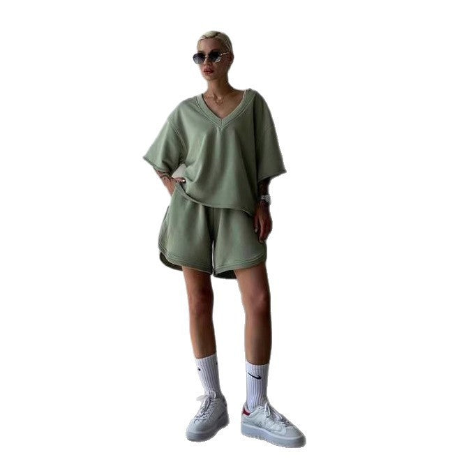 Damen lässiges V-Ausschnitt Set mit bequemen Shorts und oversized Oberteil Stalluxe