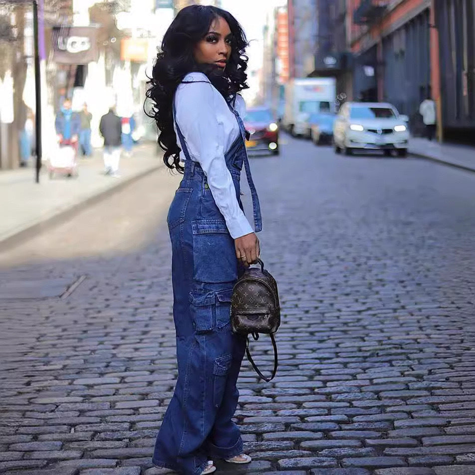 Damen modischer Jeans-Overall mit praktischen Taschen und verstellbaren Trägern Stalluxe