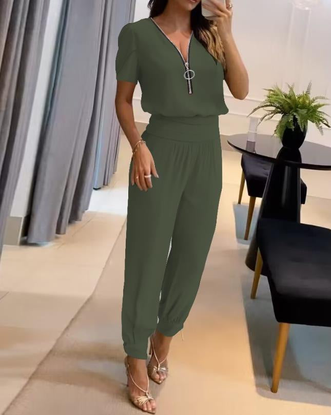 Damen Jumpsuit mit V-Ausschnitt und Gummizug Stalluxe