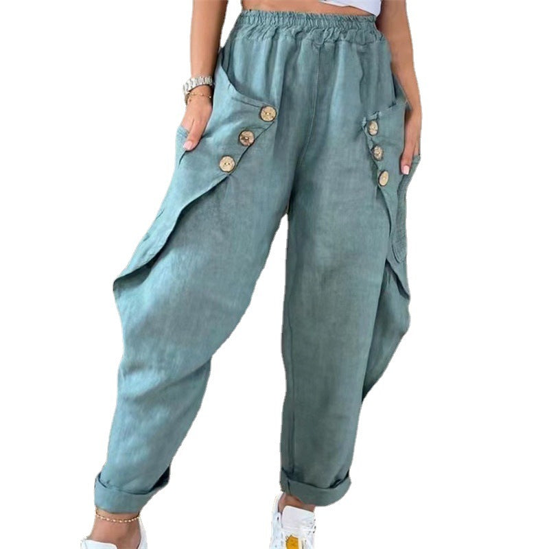 Damen Legere Leinenhose mit Knopfdetails und großen Taschen Stalluxe
