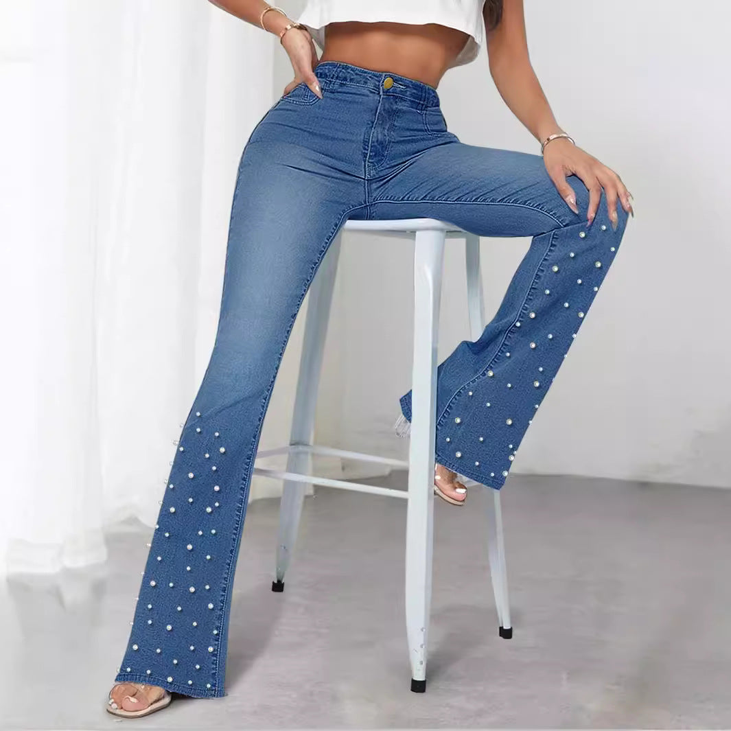 Damen Flared Jeans mit eleganten Perlenapplikationen Stalluxe