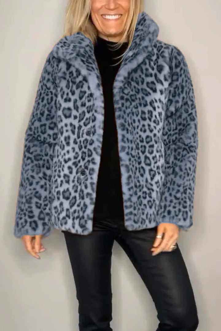 Damen Flauschige Leopardmuster Jacke mit hohem Kragen Stalluxe