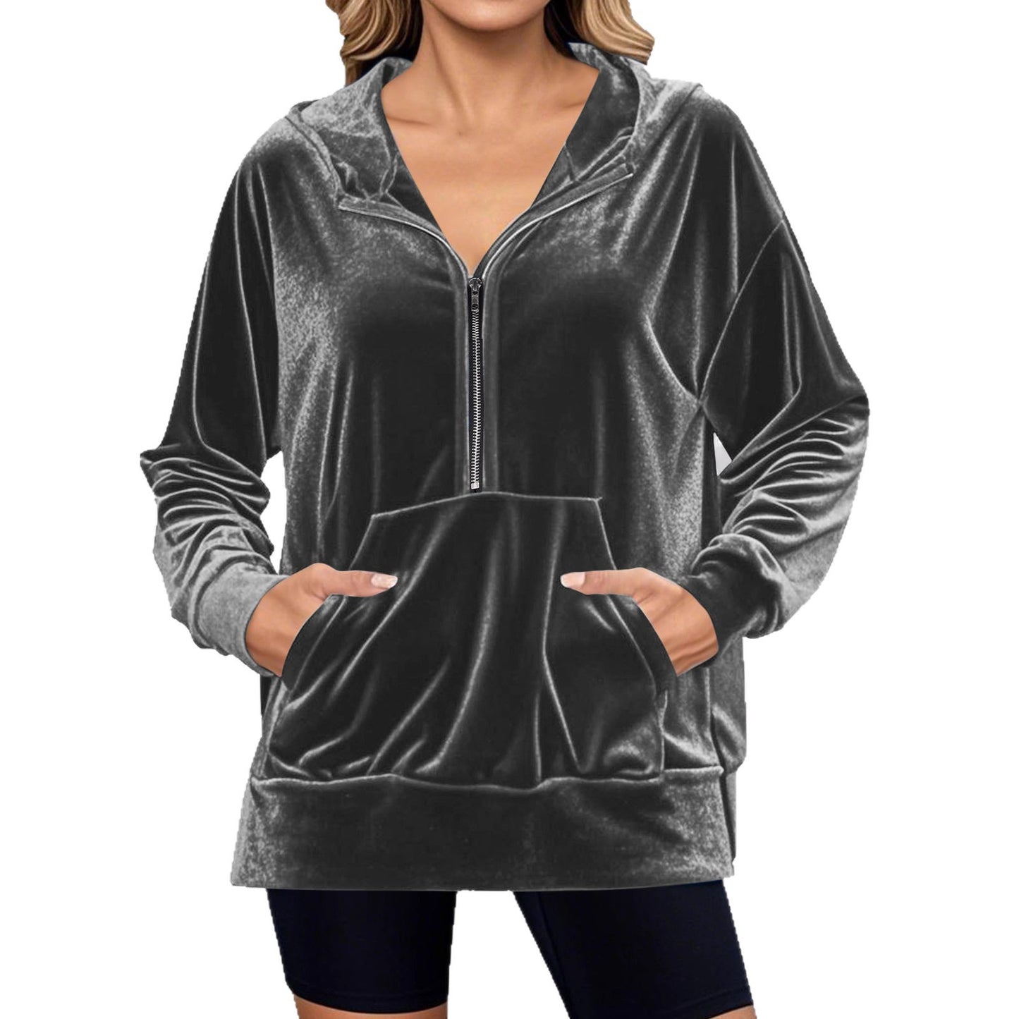 Damen Hochwertiger Kapuzenpullover aus Samt mit Reißverschluss Stalluxe