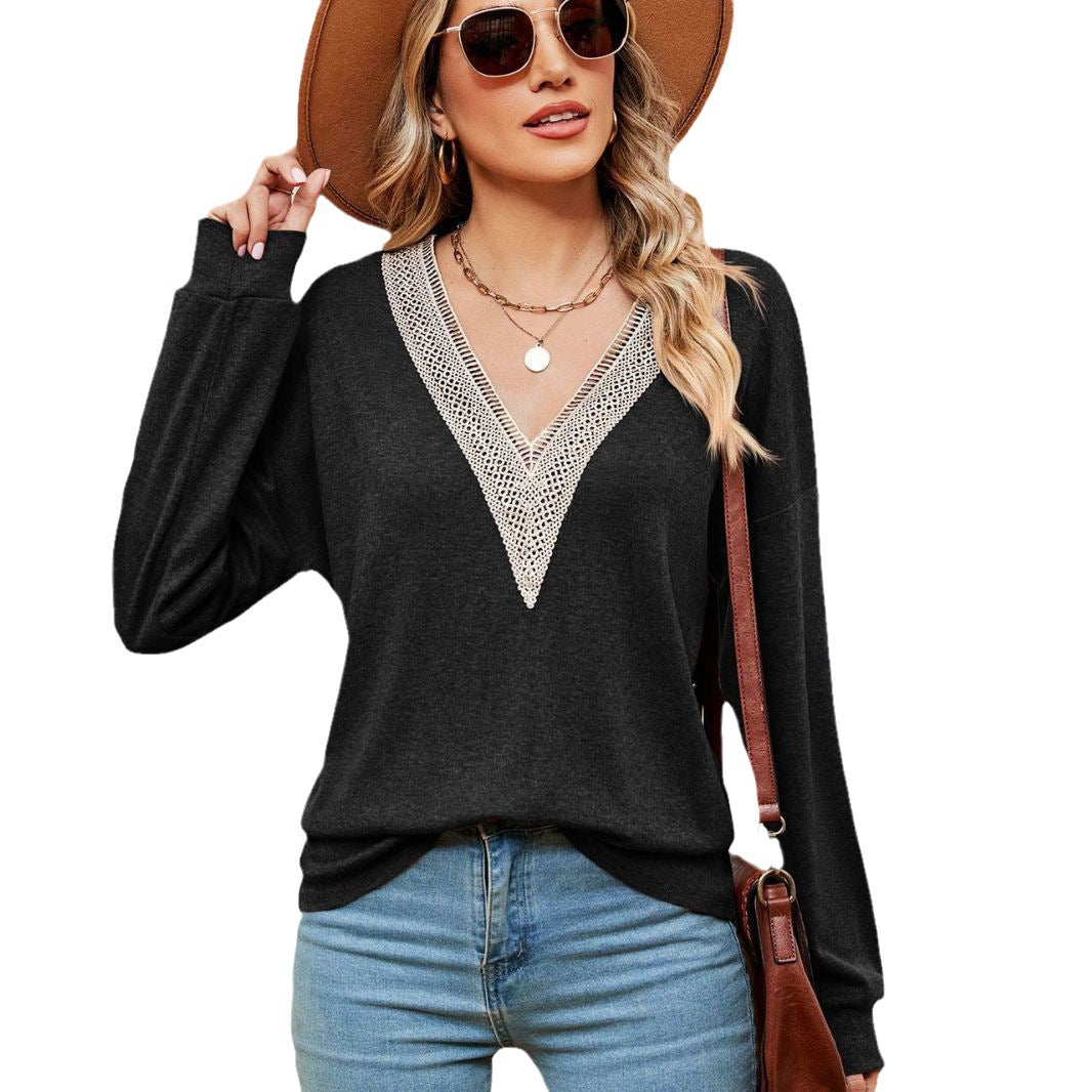 Damen V-Ausschnitt Pullover mit Spitzenakzenten und lässigem Schnitt Stalluxe
