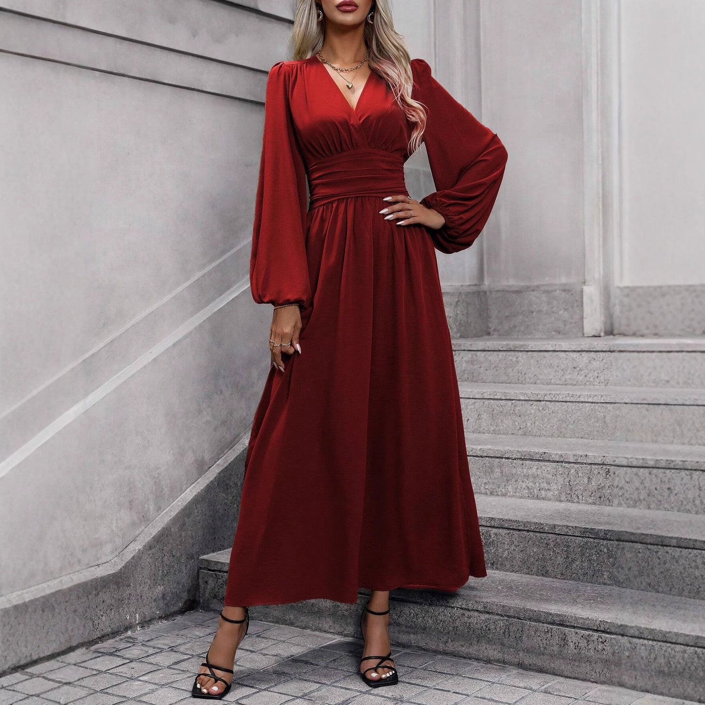 Damen elegantes Maxikleid mit V-Ausschnitt und voluminösen Puffärmeln Stalluxe