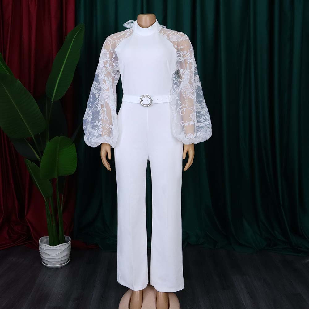 Damen Eleganter Jumpsuit mit transparenten Puffärmeln und tailliertem Gürtel Stalluxe