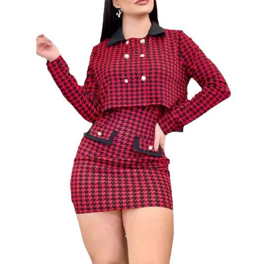 Damen Rockanzug mit karierter Musterung und dekorativen Knopfdetails Stalluxe