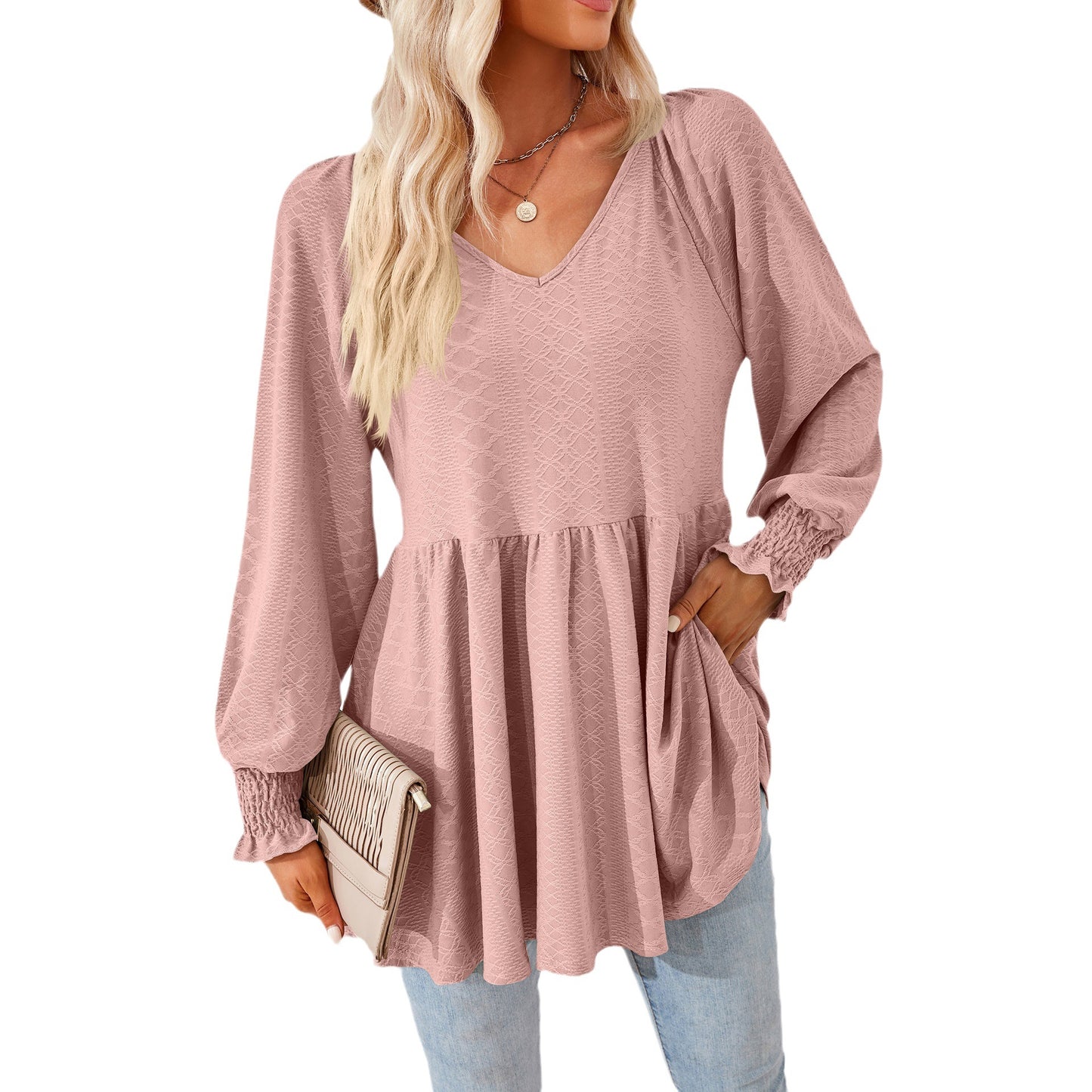Damen lässiges V-Ausschnitt Blusenshirt mit Rüschen und Taschen Stalluxe