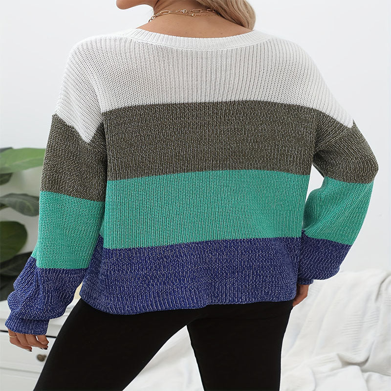 Damen lässiger Strickpullover mit farbigen Blockstreifen Stalluxe