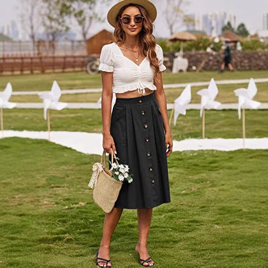 Damen Midi-Rock mit Knopfleiste und praktischen Taschen Stalluxe