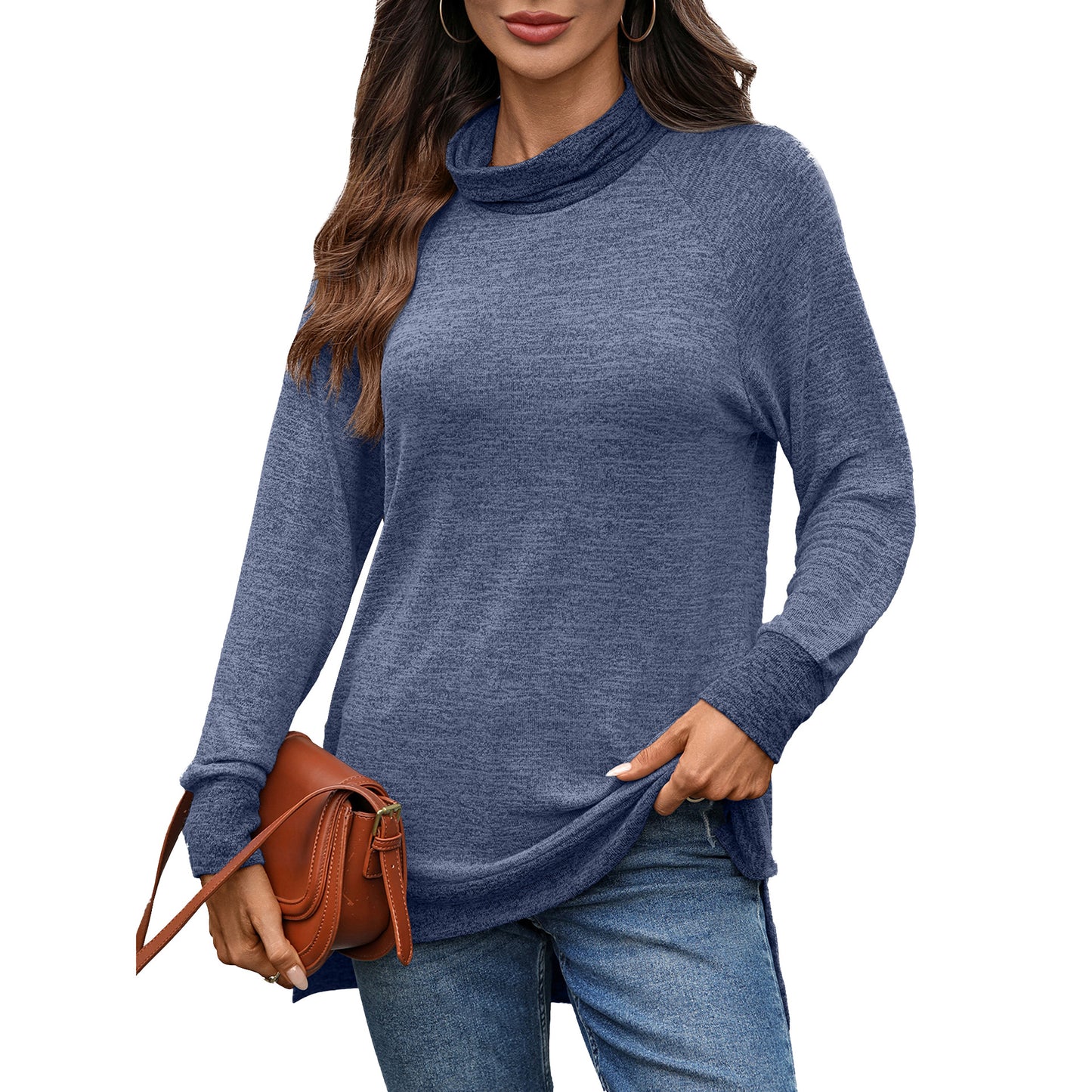 Damen lässiger Pullover mit stehendem Kragen und seitlichen Schlitzen Stalluxe