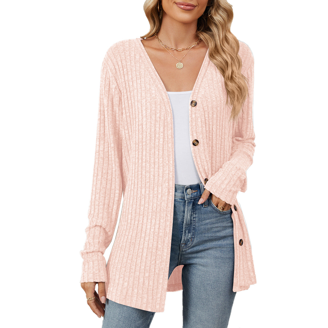 Damen lässige Strickjacke mit feiner Rippstruktur und praktischen Knöpfen Stalluxe