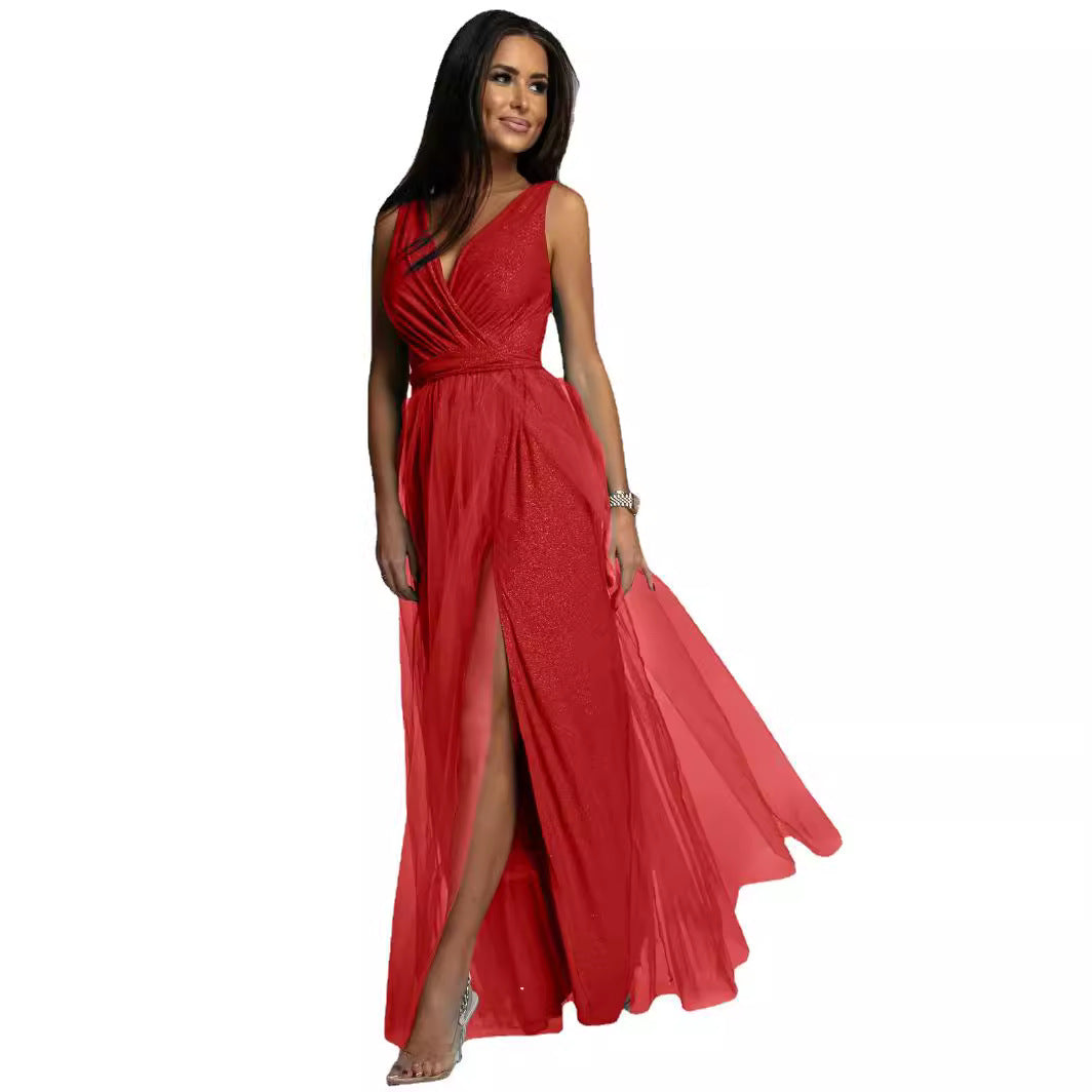 Damen Maxikleid mit V-Ausschnitt und elegantem Faltenwurf Stalluxe
