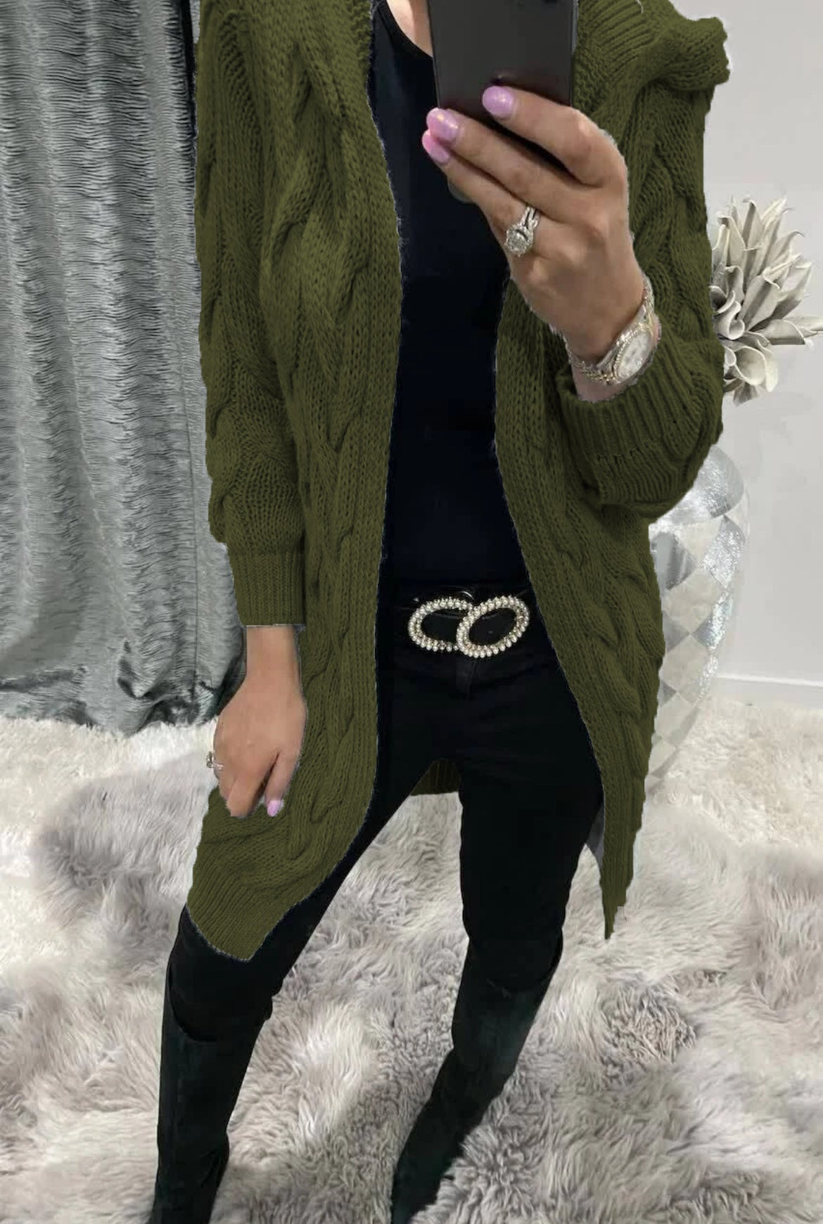 Damen Grobstrick-Cardigan mit Kapuze und Zopfmuster Stalluxe
