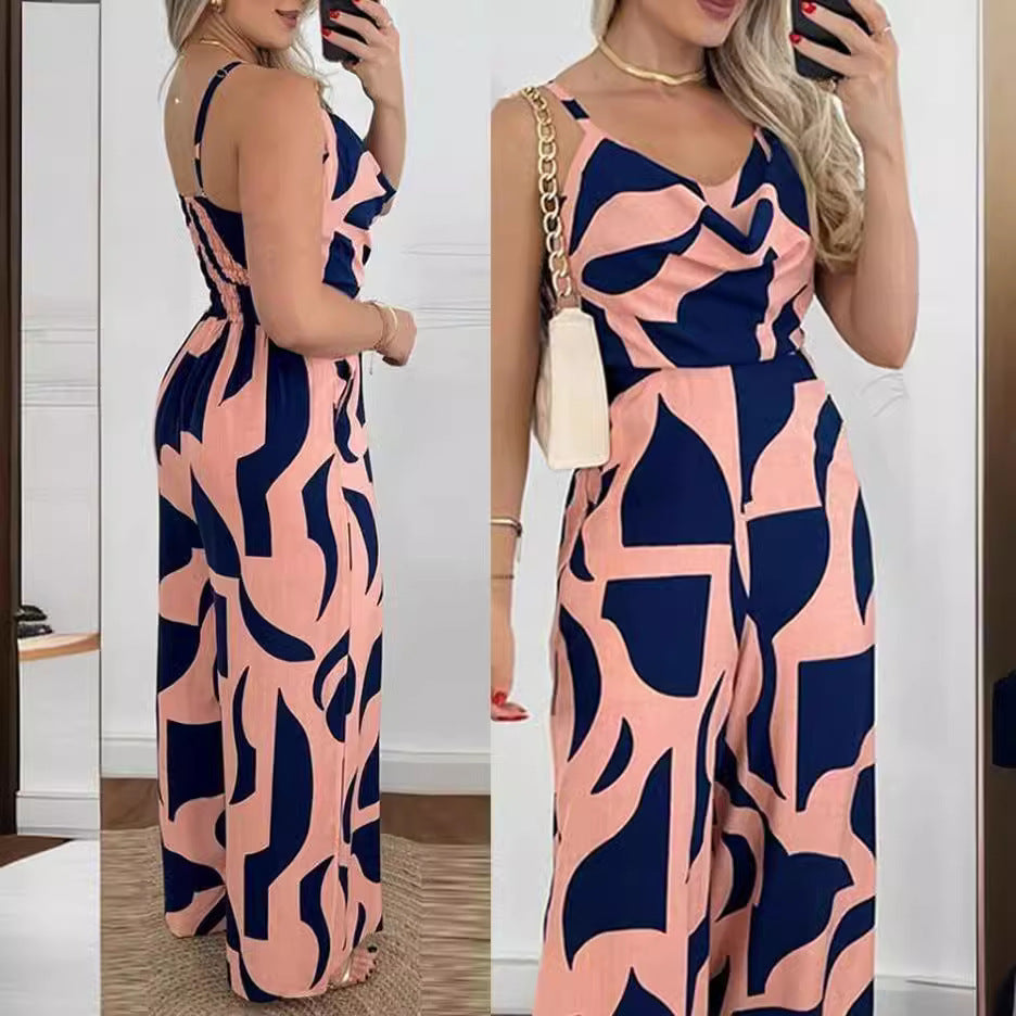 Damen Jumpsuit mit elegantem Wickeloberteil und farbenfrohem Blattdesign Stalluxe