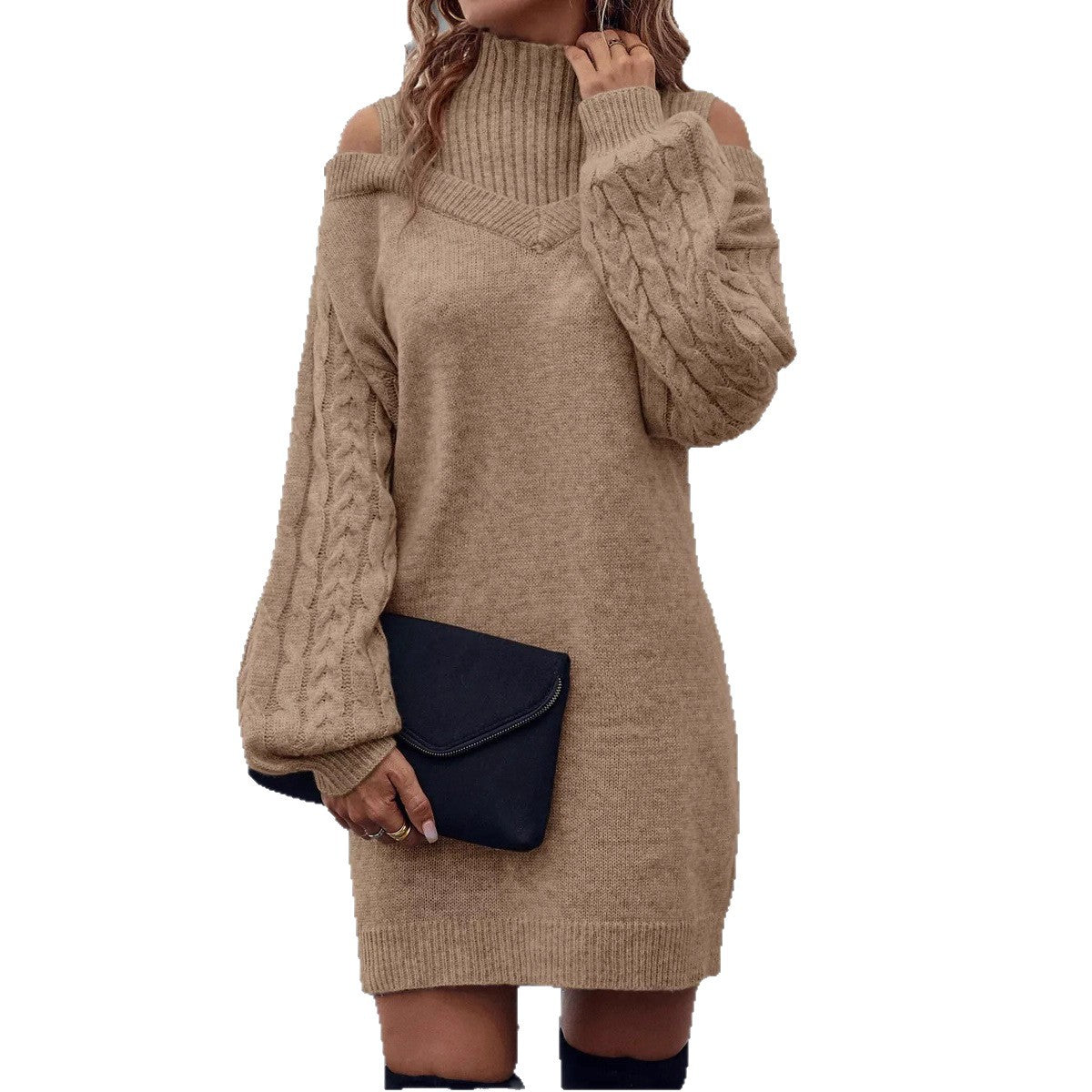 Damen Strickkleid mit schulterfreiem Design und dekorativem Zopfdetail Stalluxe