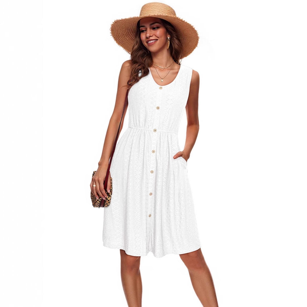 Damen Sommerliches Knopfkleid mit elastischem Taillenband und praktischen Taschen Stalluxe