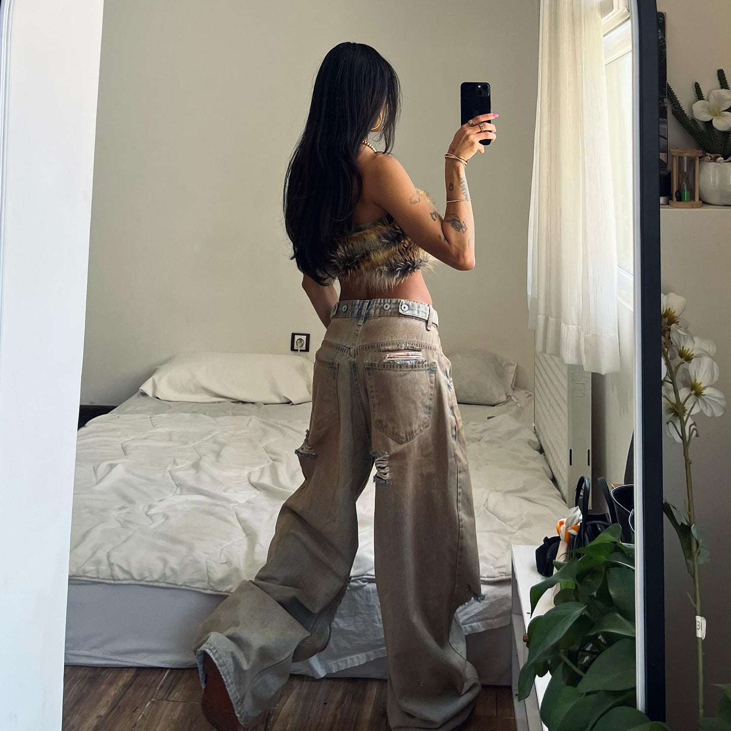 Damen Baggy Jeans mit ausgefranstem Saum und used Look Stalluxe
