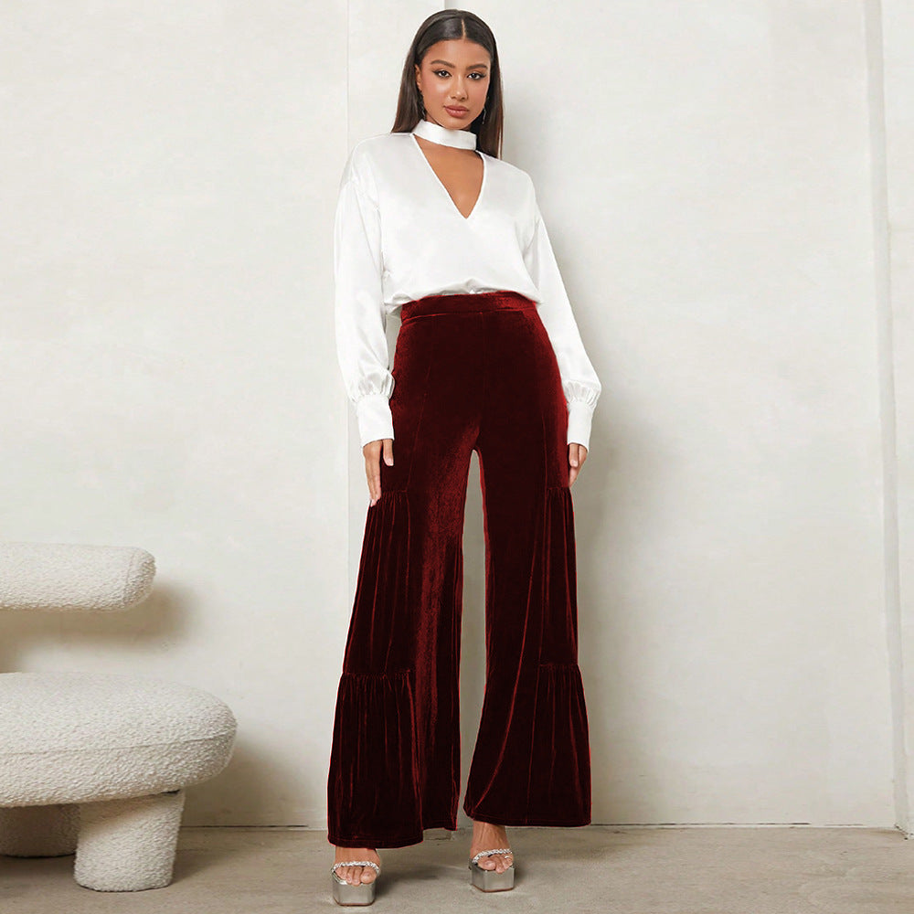 Damen Weit geschnittene Plüsch-Hose mit Falten und hohem Bund Stalluxe