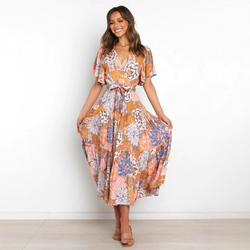 Damen Maxikleid mit floralem Wickeldesign und elastischem Taillengürtel Stalluxe
