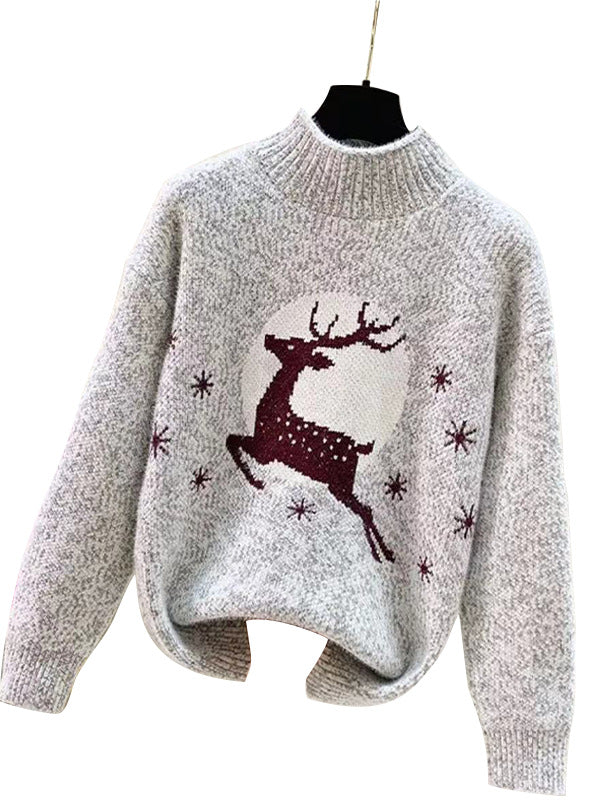 Damen Strickpullover mit festlichem Rentiermotiv und hochgeschlossenem Kragen Stalluxe