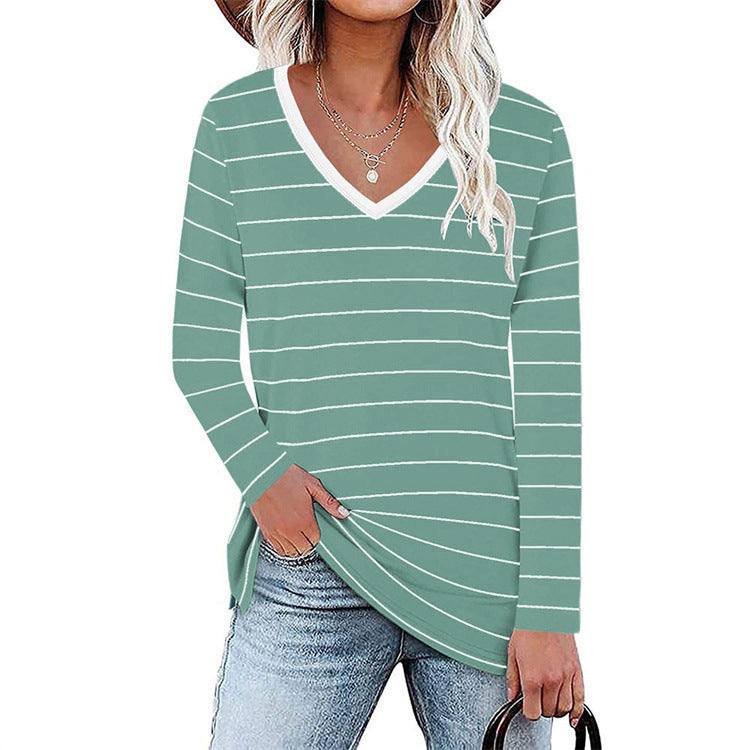 Damen V-Ausschnitt Langarmshirt mit Streifenmuster und seitlichen Schlitzen Stalluxe