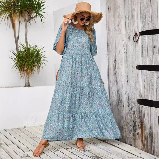 Damen Maxikleid mit nostalgischem Blumendruck und weiten Ärmeln Stalluxe