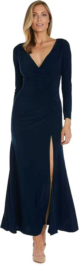 Damen elegantes Maxikleid mit tiefem V-Ausschnitt und seitlichem Schlitz Stalluxe