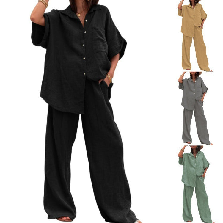 Damen luftiges Oversize-Hemd und weite Hose Set Stalluxe