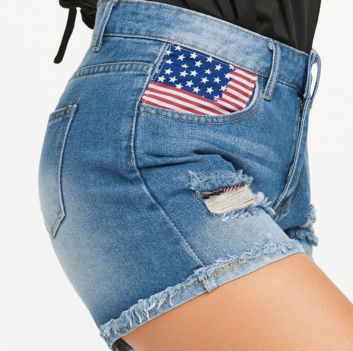 Damen Jeansshorts mit modischem USA-Print und Destroyed-Detail Stalluxe