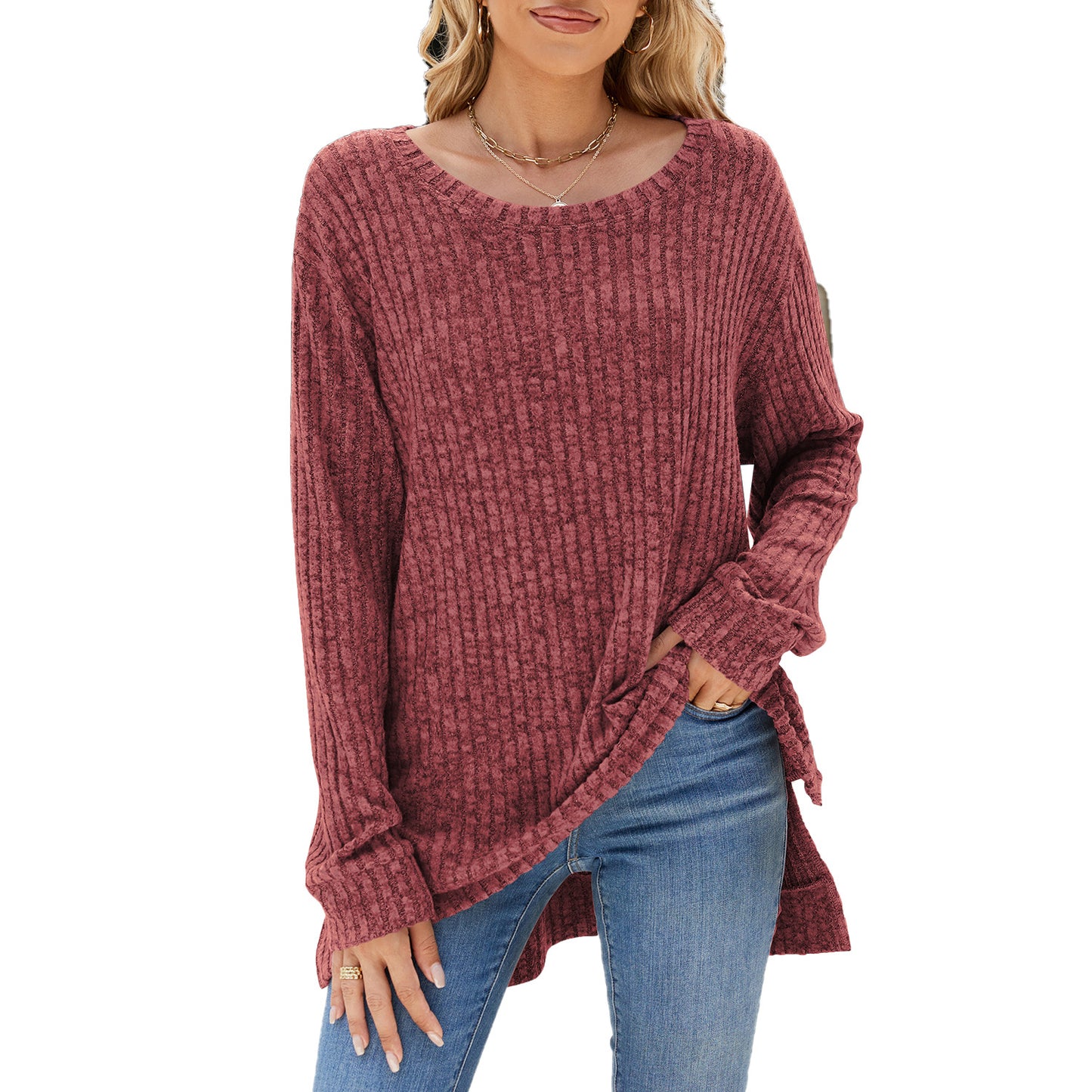 Damen lässiges Langarmshirt aus samtigem Rippstrick Stalluxe