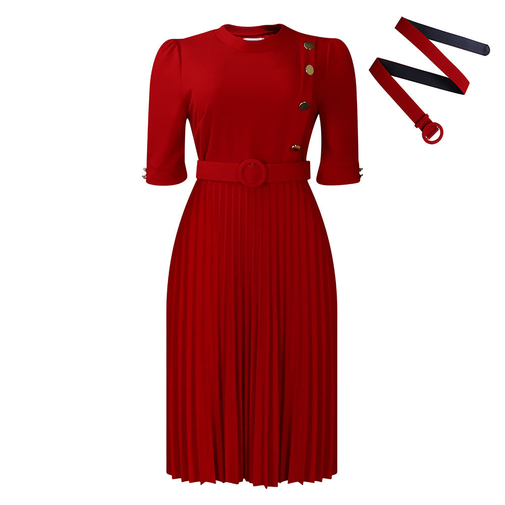 Damen Plissee-Kleid mit Knopfdetails und Taillengürtel Stalluxe