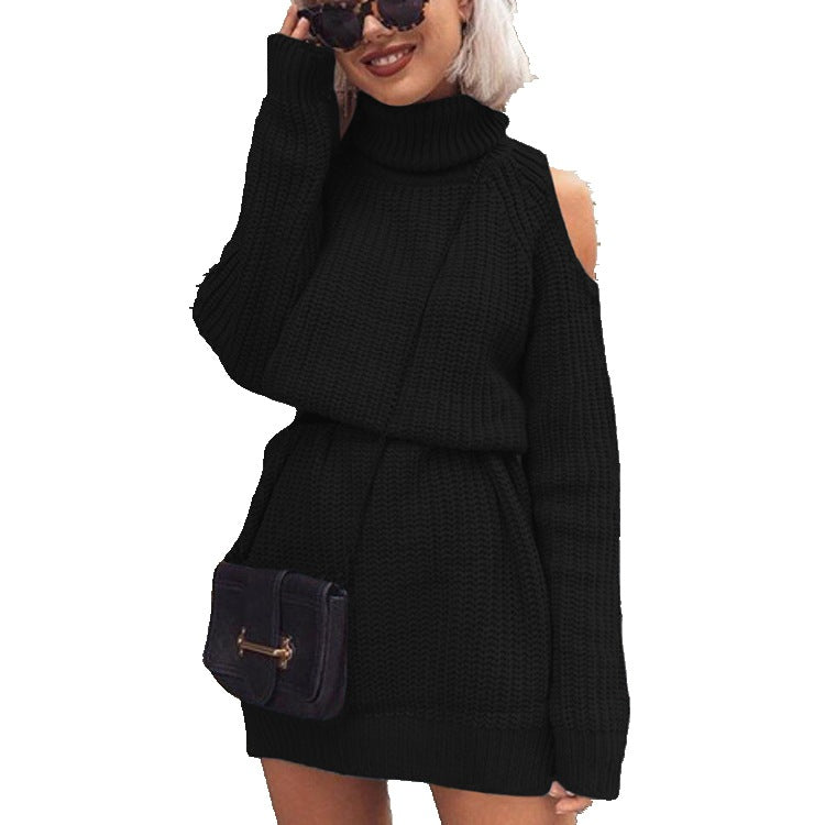 Damen Langarm-Strickkleid mit hohem Kragen und offenem Schulterdesign Stalluxe
