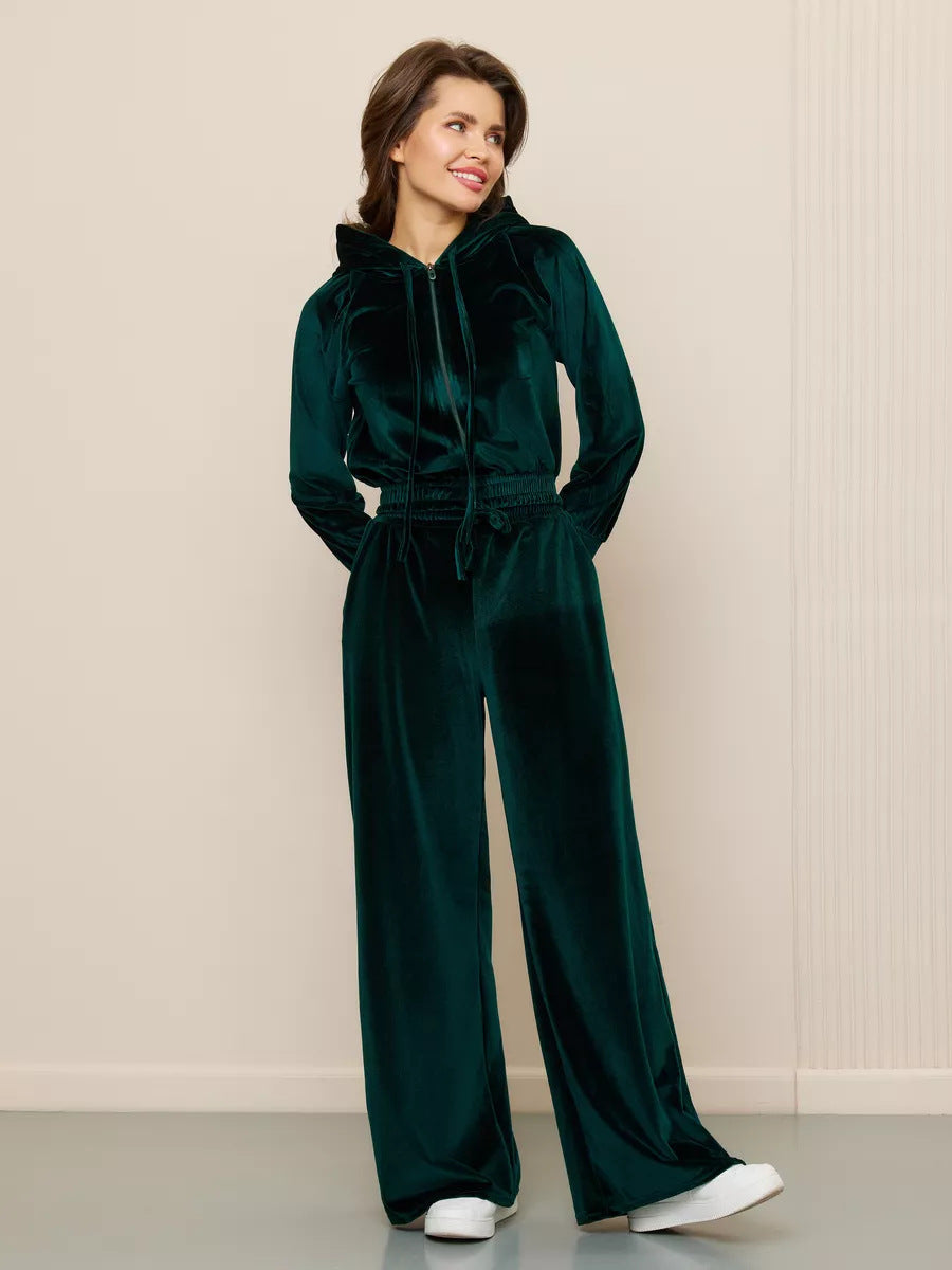 Damen luxuriöser Velours-Hoodie und weite Hose Set Stalluxe